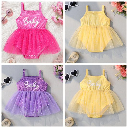 Baby Girl Gorgeous, Elegant, Cute, Fun Alphabet Sequin Print Star Mesh Jumpsuit Spring/Summer Photography Costume