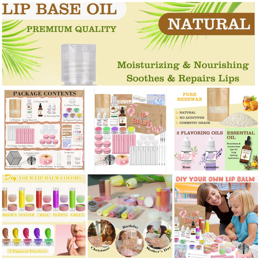 DIY Lip Balm Making Kit for Adults to Make Your Own Moisturizing Lip Balms with Natural Beeswax, Lip Base Oil, Essential Oil, Empty Lip Balm Tubes Jars, Birthday Christmas Mother’s Day Gift