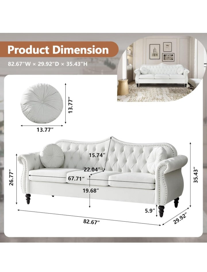 82" Three Seater Sofa, Chesterfield Sofa, Mid-Century Modern Velvet Upholstered Sofa, Deep Button Tufted Living Room Sofa with Two Throw Pillows,