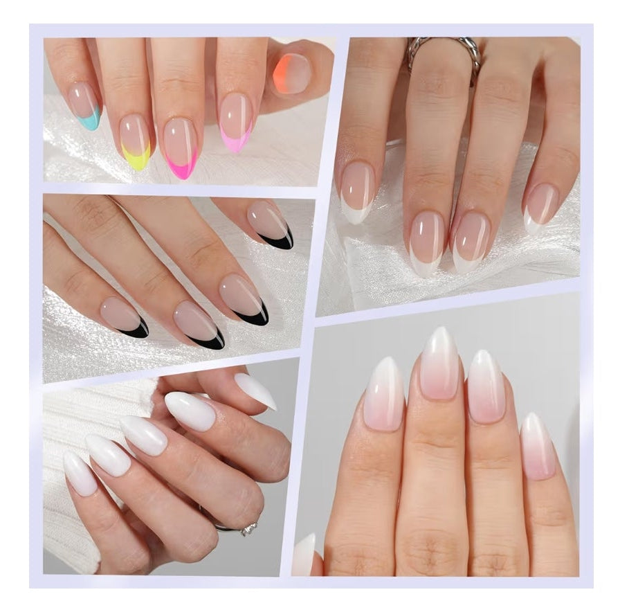 6 Packs Press On Nails Almond, Misssix French Tip Press On Nails Short, Reusable Glue On Nails, Gel Fake Nails for Women, Stick On Nails Kit 15 Sizes-6 styles in total