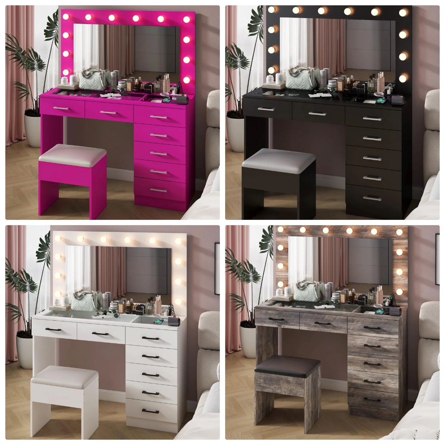 Vanity Desk with Large Lighted Mirror & Powre Outlet, Glass Tabletop Makeup Vanity Set with 7 Drawers, 45.3" Vanity Table with 3 Color Lighting Modes,