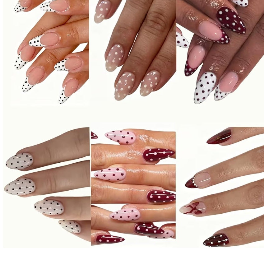 6 Packs (144 Pcs) Press on Nails Medium Almond Fake Nails with Designs Polka Dot Glue on Nails Cute False Nails Full Cover Glossy Acrylic Stick on Nail for Women Girls Manicure