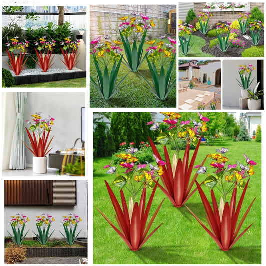 3pcs Garden Outdoor Butterfly Enlarge thickened Wind Resistant Metal Agave Garden Art Metal Plant Country Garden Sculpture Statue Decorations Ornaments Artificial Waterproof Butterflies(green 3pcs)