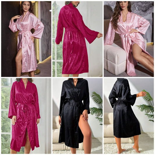 1pc Women's Elegant Leopard Print Jacquard Silk Satin Robe Sleepwear With Belt, Comfortable Loungewear Suitable For Home Wear, All Seasons, Vacation