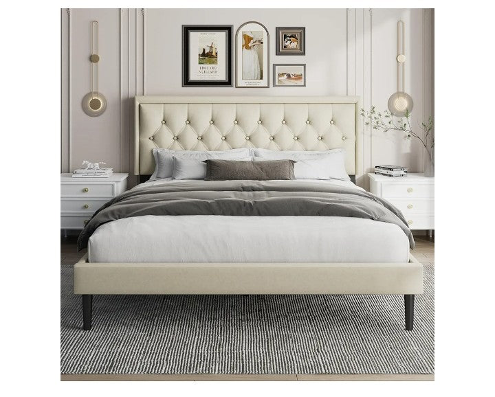 Bed Frame with Linen Button Tufted Headboard, Modern Upholstered Platform Bed, Mattress Foundation, Easy Assembly, No Box Spring Needed,