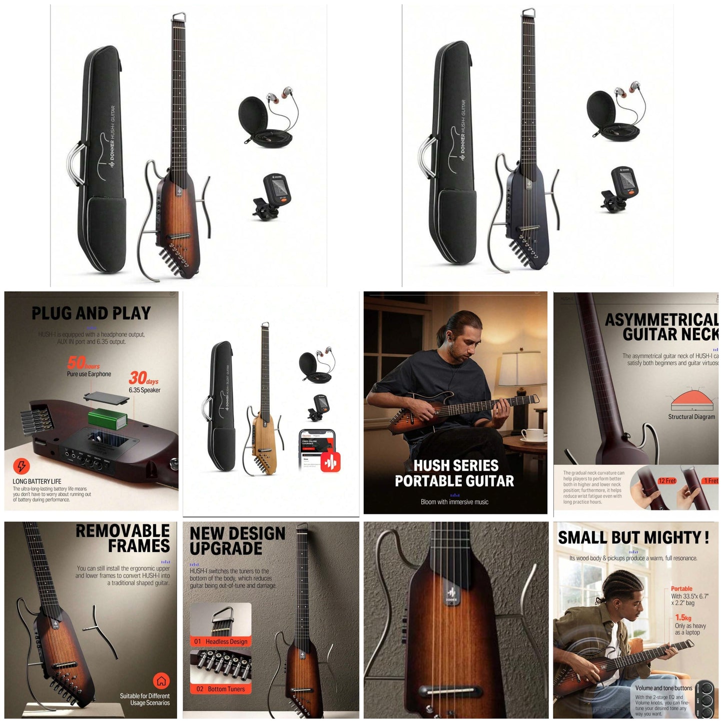 HUSH-I Guitar For Travel Acoustic-Electric Guitar Portable Ultra-Light Quiet Silent Performance Headless Electric Travel Guitar For Beginners Students Professional Musicians Maple Maghony Wood Body With Accessoies Kits Removable Frames Gig Bag Headphones