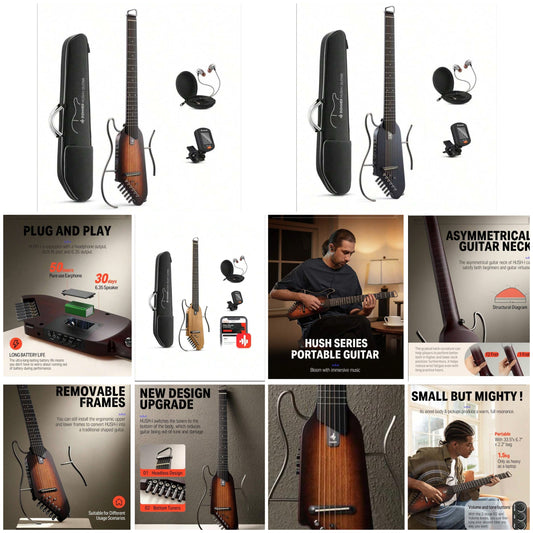 HUSH-I Guitar For Travel Acoustic-Electric Guitar Portable Ultra-Light Quiet Silent Performance Headless Electric Travel Guitar For Beginners Students Professional Musicians Maple Maghony Wood Body With Accessoies Kits Removable Frames Gig Bag Headphones