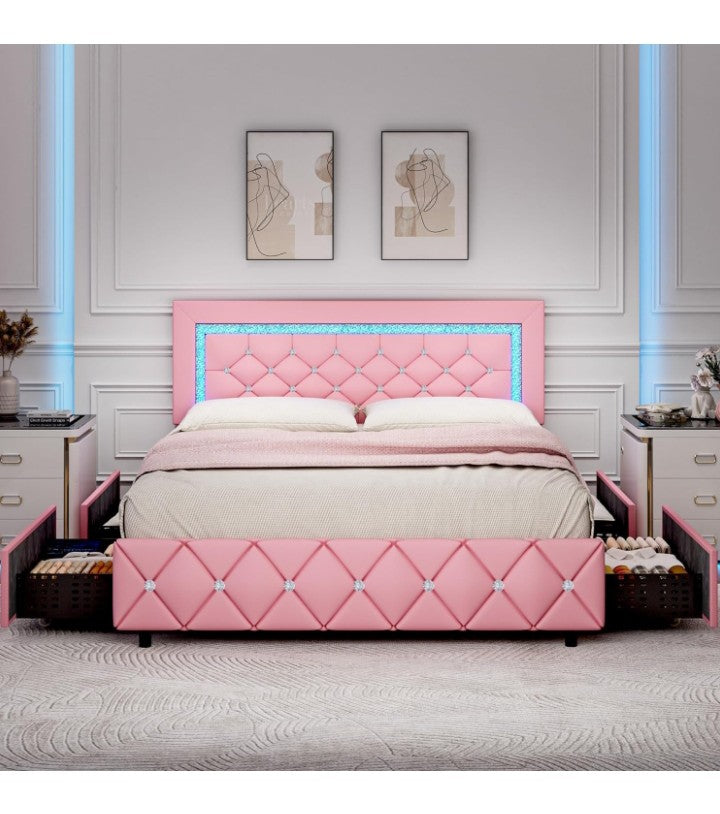 Full Size Bed Frame with LED Lights, Upholstered Bed Frame with Storage Drawers, Princess Platform Bed with Diamond Headboard and Footboard, No Box Spring Needed,
