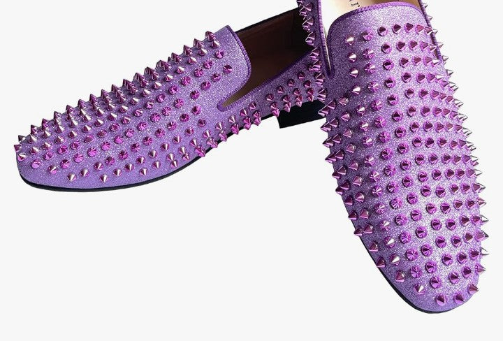 Men's Leather Spikes Loafers Studded Dress Shoes Slip-on Flats Long Rivet Party Shoes