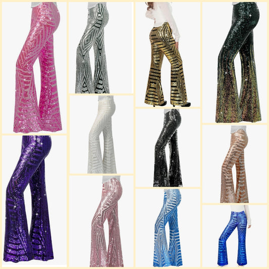 Sequin Flare Pants Sparkly Glitter High Waisted Bell Bottom Trousers Disco Party Clubwear