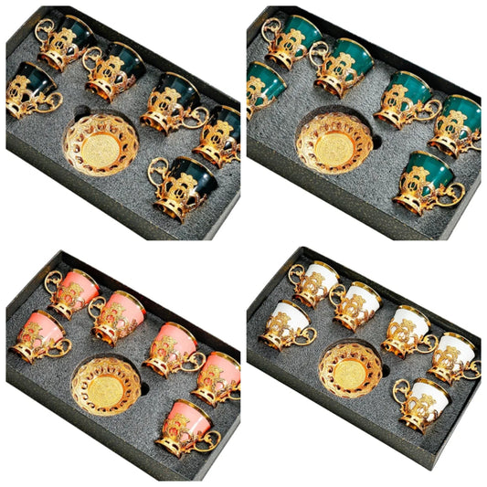 GOLD PLATED Ceramic Coffee Cup Dish Set Simple Gold Plated Mug-Pink 6 cups 6 plates