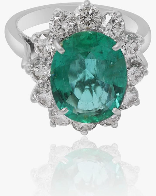 COCOMONEY Genuine Emerald & Diamond Halo Statement Wedding Ring Cluster Diamond Delicate Ring 18k Solid White Gold Bridal Ring Gift For Her Jewelry