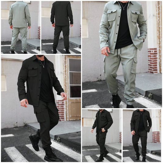 Men's Solid Color Front Button Closure Long Sleeve Pocket Casual Top And Pants Set,Men Two Piece Outfits ,Men Tracksuit COCOMONEY