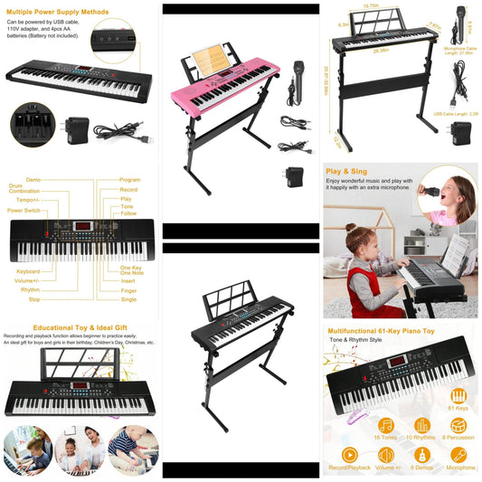 1PC Black or Pink 61 Keys Electric Piano Keyboard With Stand Microphone Dual Power Supplies Digital Music Electric Musical Piano Instrument Keyboard