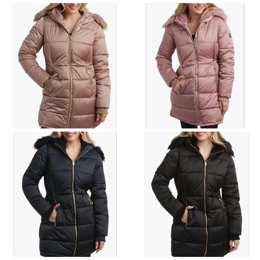 Women's Long Puffer Jacket - Quilted Winter Coat with Faux Fur Trim Hood - Insulated Coat fo