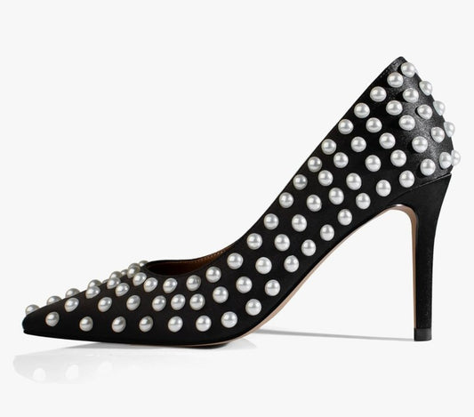 Sexy Stiletto High Heel Pumps Chic Pearl Studded Slip-on Shoes Satin Pointed Toe Fashion Dress