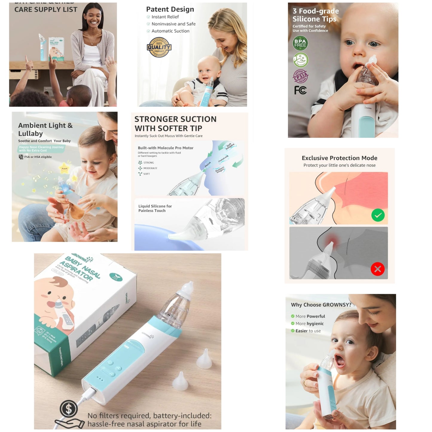 Nasal Aspirator for Baby with Protection Mode, Electric Nose Suction for Baby, Automatic Baby Nose Sucker with 3 Silicone Tips, Adjustable Suction Level, Music and Light Soothing Function