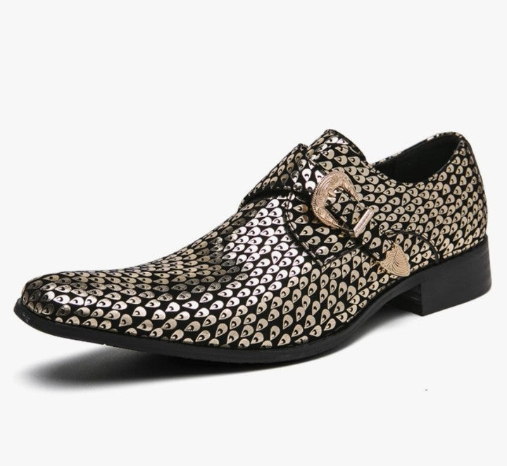 Men'S Sparkling Printed Buckle Chelsea Boots Stylish Pointed Toe Slip-On Low Top Ballroom Party