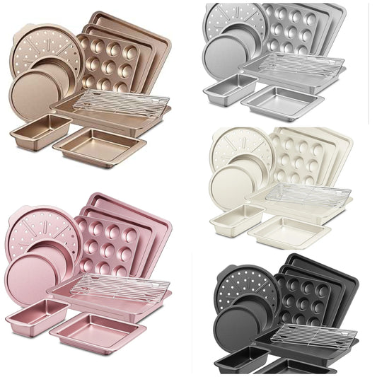 Bakeware Sets, Baking Pans Set, Nonstick Oven Pan for Kitchen with Wider Grips, 10-Piece Including Rack, Cookie Sheet, Cake Pans, Loaf Pan, Muffin Pan, Pizza Pan -