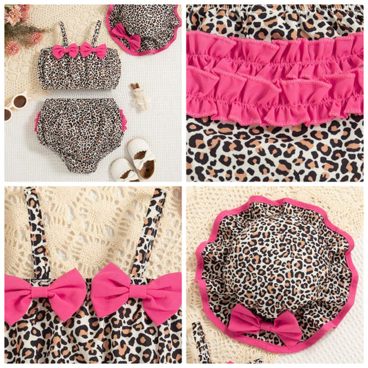 Summer Cute Ruffle Trim Leopard Print Tank Top & Ruffle Trim Diaper Pants & Bow Decor Sunhat 3pcs/Set Outfit