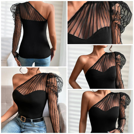 Shoulder Contrast Mesh Gigot Sleeve Top COCOMONEY