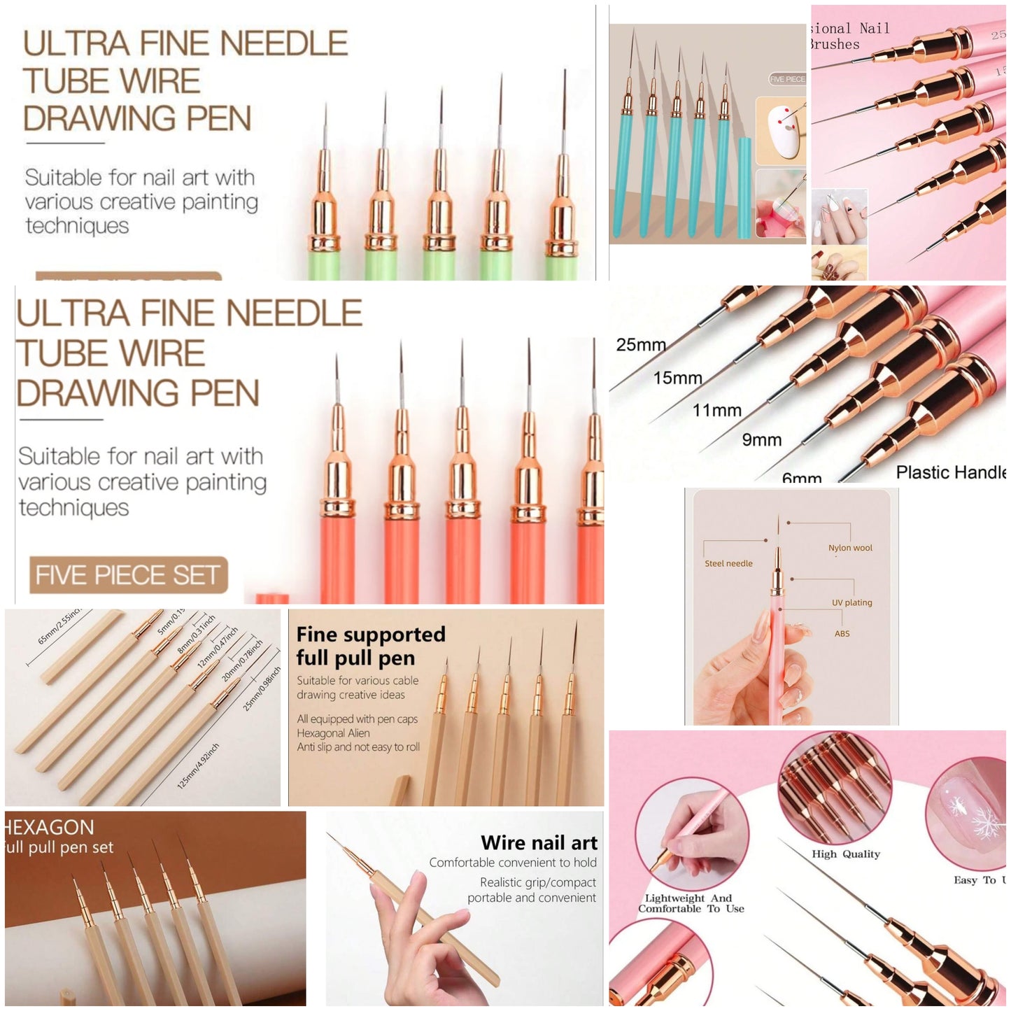 Nail Art Liner Brushes, 5Pcs Painting Nail Art Brush 5pcs/Set Plastic Handle Nail Dotting Drawing Tool For Long Lines, Fine Drawing Sizes 6/9/11/15/25mm(Pink Gold) Painting Design Tools Nail Fine Drawing Pen material abs