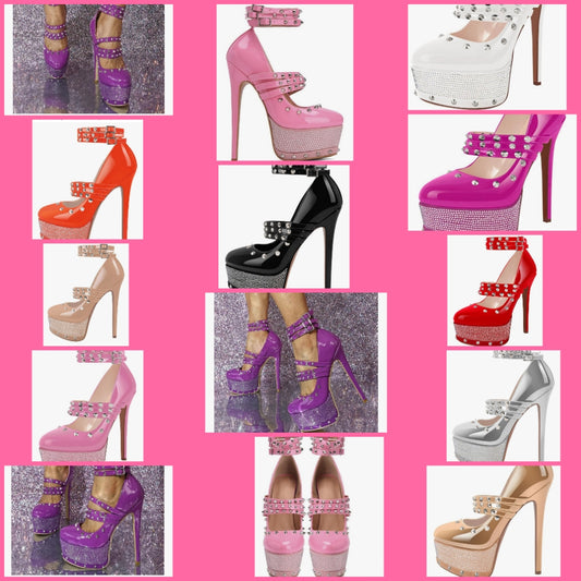 Close Toe Stiletto Platform Mary Jane Pumps for Women Triple Buckle up Rivet Studded Strappy Party Shoes