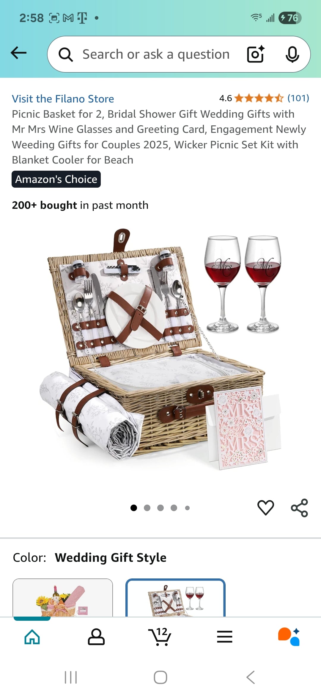Picnic Basket for 2, Bridal Shower Gift Wedding Gifts with Mr Mrs Wine Glasses and Greeting Card, Engagement Newly Weeding Gifts for Couples 2025, Wicker Picnic Set Kit with Blanket Cooler for Beach