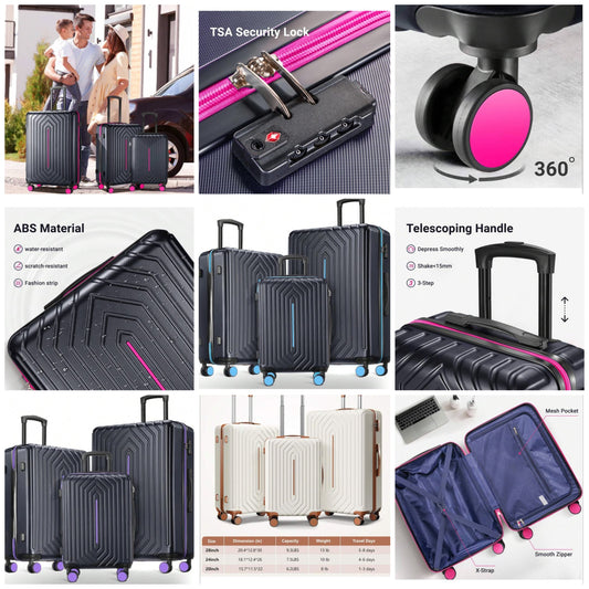 Hardside Lightweight Suitcase With Double Spinner Wheels,TSA Lock, 3-Piece Luggage Set(20/24/28inch),Suitable For Travel,Business Trip, Back To School, Fitness, Vacation, Hospitalization