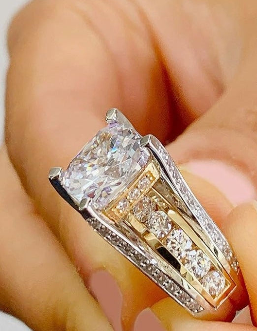 AMAZING 14K Solid And Heavy White and Yellow Gold Cushion and Round Cut Simulated Diamonds Engagement Ring Wedding Bridal Set 6.50ctw