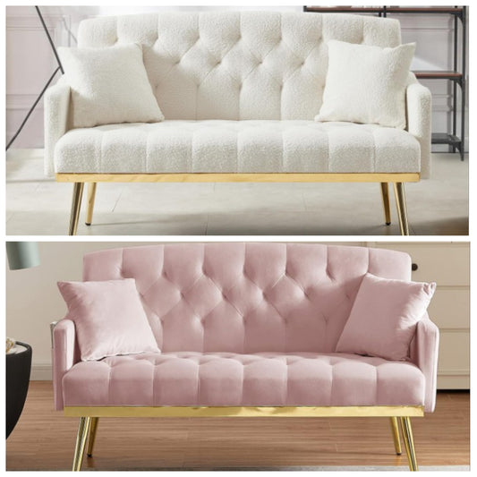 Upholstered Loveseat Sofa, Modern Small Sofa Couch with Side Pocket and Golden Metal Legs, Tufted Leisure Sofa for Living Room, Bedroom, Office, Cream White Teddy