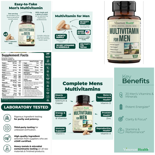 Daily Mens Multivitamins & Multiminerals with Vitamin D, Vitamin C, B12 Zinc & More. Essential Vitamins for Men for Energy, Focus, Stamina, Performance, Mens Health. 60 Capsules