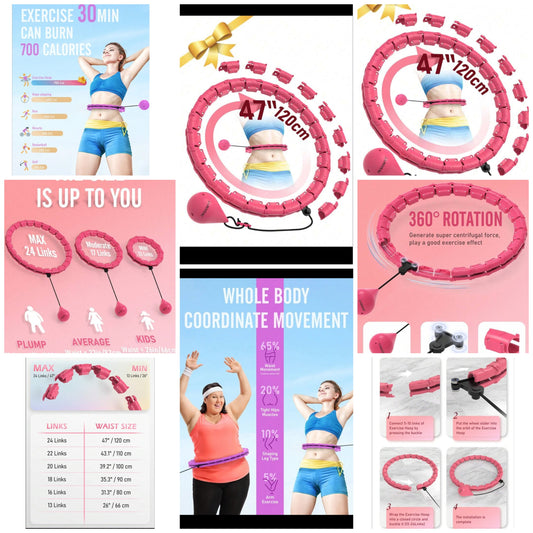 Weighted Hula Circle Hoops for Adults Weight Loss, Infinity Hoop Fit Plus Size 47 Inch/120cm, 24 Detachable Links, Exercise Hoola Hoop Suitable for Women and Beginners