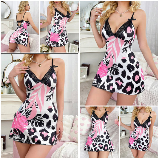 Sexy Leopard Print Splice Lace Bow Decor Suspender Nightgown