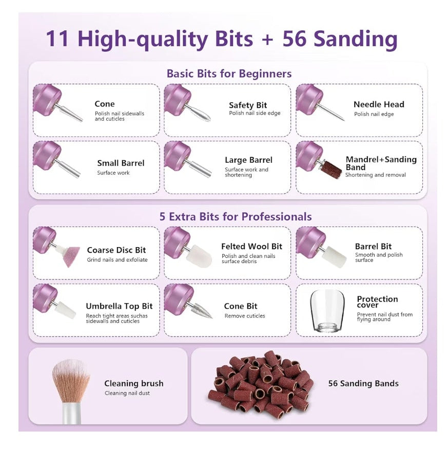 Nail Drill Cordless Electric Nail File Kit Rechargeable Professional Efile Nail Set, Portable Acrylic Gel Nail Polish Remover Machine Pedicure Manicure Tool, 11 Bits 56 Sanding Bands Salon Home