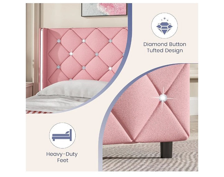 King Size Bed Frame and Headboard, Modern Upholstered Bed Frame with Diamond Tufted Headboard and Silver Wingback, Faux Leather, No Box Spring Needed, Easy Assembly,