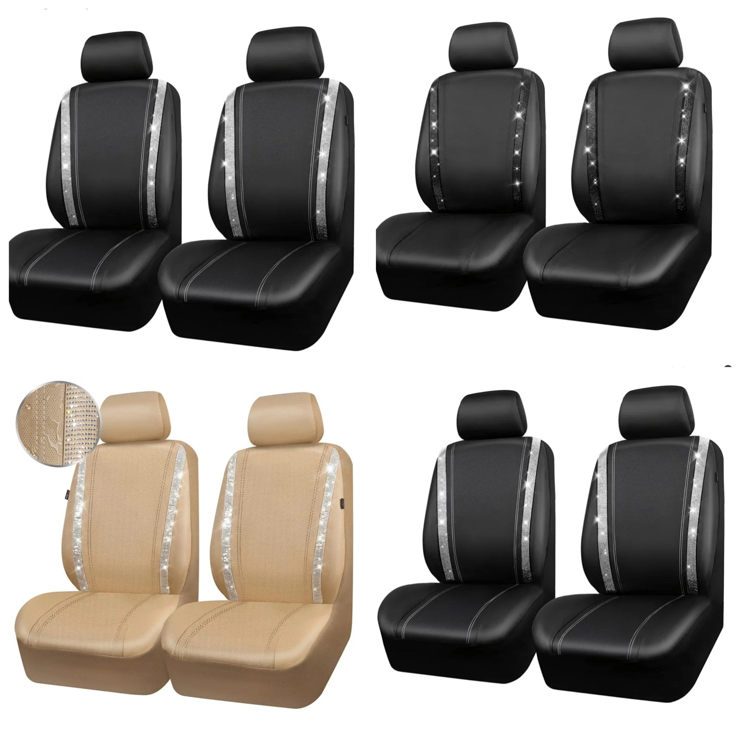 Leather Diamond Bling Car Seat Covers 2 Front Interior Sets, Waterproof Universal Shining Glitter Crystal Sparkle Fit for 95% Automotive Truck SUV Cute Women Girl, Black Rhinestone