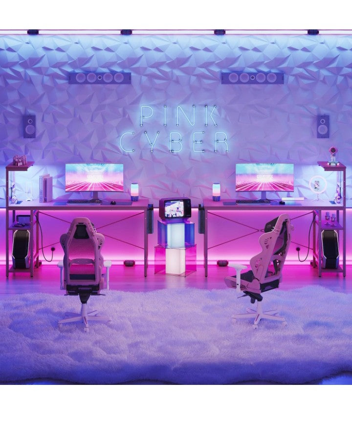 Gaming Desk with Power Outlets, 61 Inch Large Led Gamer Desk with 4 Tiers Reversible Shelves, PC Gaming Table with Headset Hook & Side Storage Bag for Bedroom (Pink 3D Carbon Fiber)