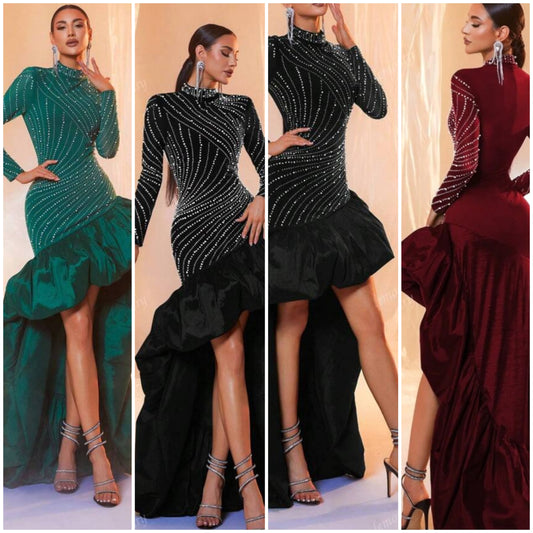 Long Sleeve Sequin Stand Collar Asymmetrical Hemline Evening Formal Dress, Wedding Event Dress Party Dress Wedding Guest Dress COCOMONEY