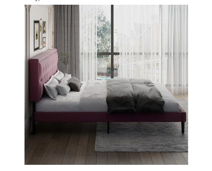Bed Frame with Linen Button Tufted Headboard, Modern Upholstered Platform Bed, Mattress Foundation, Easy Assembly, No Box Spring Needed,