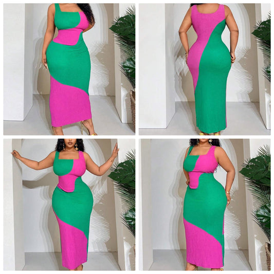 Sexy Plus Size Women's Color Block Splice Bodycon Sleeveless Dress - COCOMONEY