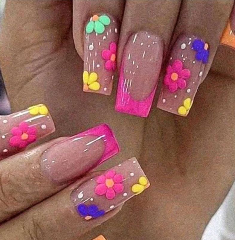 6-Pack Square Press-On Nails: 12 Sets (144 Pcs) French Tip Fake Nails with Flower Design - Full Cover, Colourful Artificial, Reusable False Nails Kit - Cute Glue-On Nails for Women & Girls