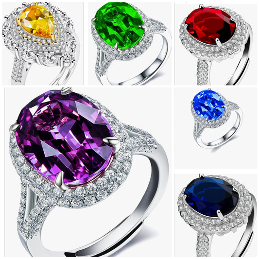 Adjustable Platinum Plated Crystal Rings, Big Oval Cubic Zirconia Ring, Solitaire Split Shank Rings Birthstone Jewelry Gifts