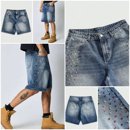 Men's Colorful Diamond Pattern Loose Fit Denim Shorts COCOMONEY