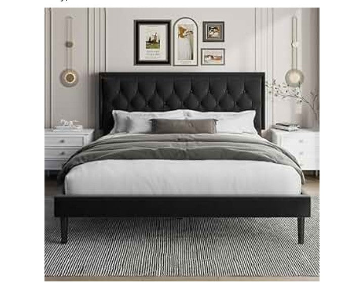 Bed Frame with Linen Button Tufted Headboard, Modern Upholstered Platform Bed, Mattress Foundation, Easy Assembly, No Box Spring Needed,