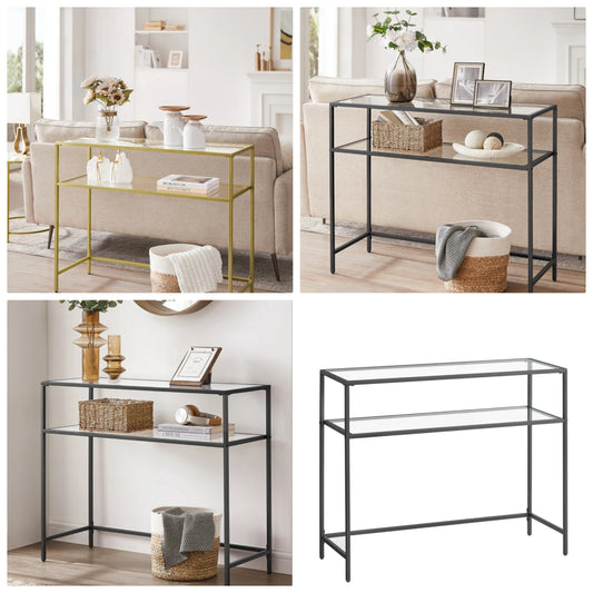 39.4 Inch Console Sofa Table, Modern Entryway Table, Tempered Glass Table, Metal Frame, 2 Shelves, Adjustable Feet, For Living Room, Hallway stainless steel 1 table