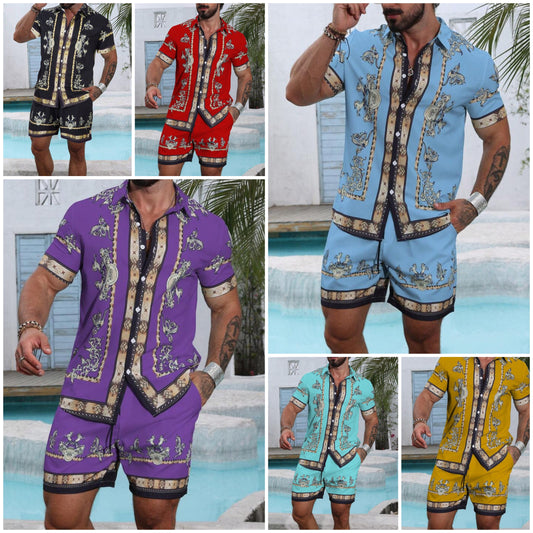 Casual Vintage Printed Short Sleeve Shirt & Shorts Set COCOMONEY