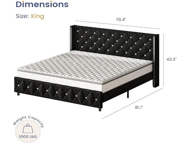 King Size Bed Frame and Headboard, Modern Upholstered Bed Frame with Diamond Tufted Headboard and Silver Wingback, Faux Leather, No Box Spring Needed, Easy Assembly,