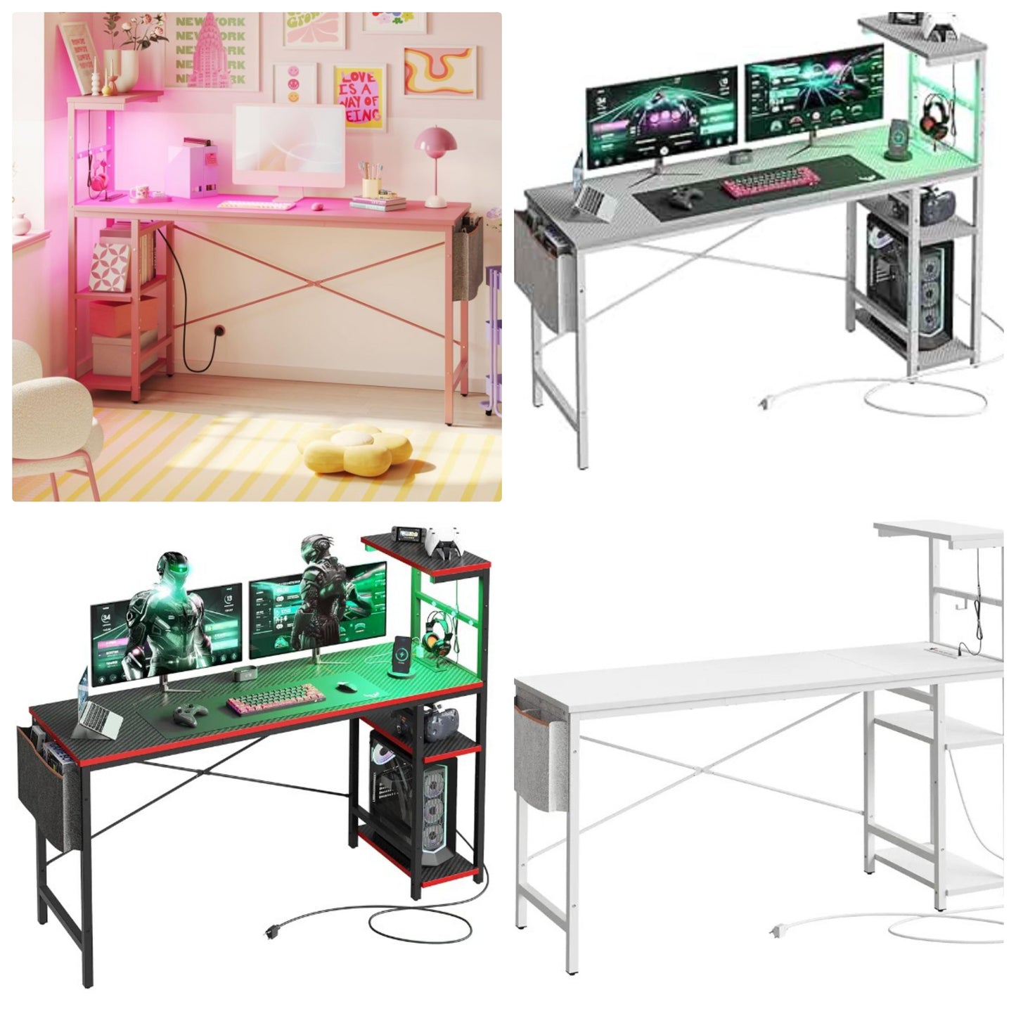 Gaming Desk with Power Outlets, 61 Inch Large Led Gamer Desk with 4 Tiers Reversible Shelves, PC Gaming Table with Headset Hook & Side Storage Bag for Bedroom (Pink 3D Carbon Fiber)
