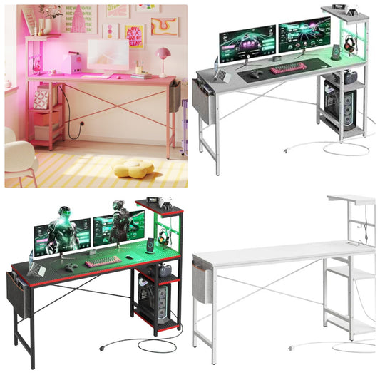 Gaming Desk with Power Outlets, 61 Inch Large Led Gamer Desk with 4 Tiers Reversible Shelves, PC Gaming Table with Headset Hook & Side Storage Bag for Bedroom (Pink 3D Carbon Fiber)